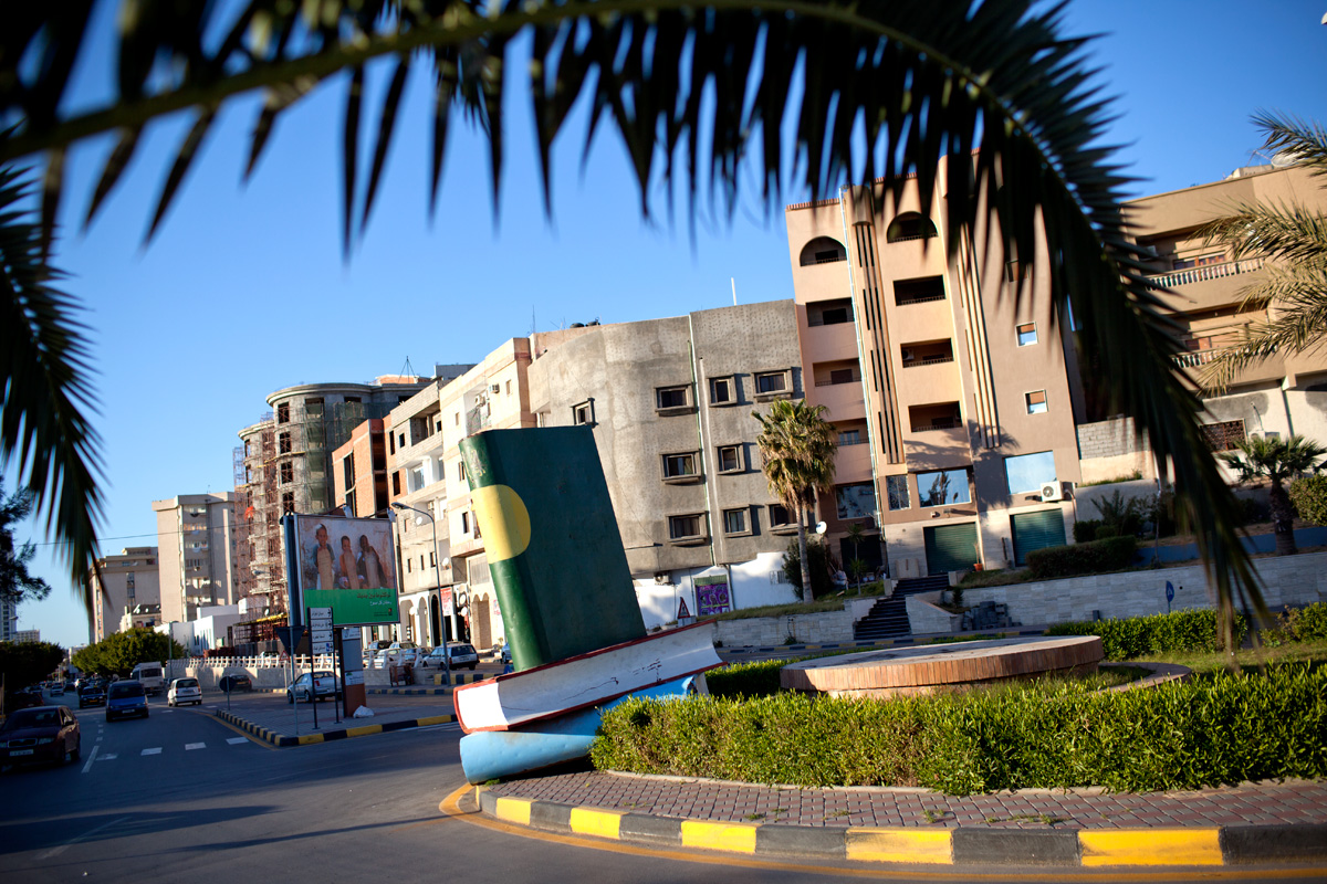 The Monument dedicated to the Green Book of Gaddafi is still standing, placed on top of the 