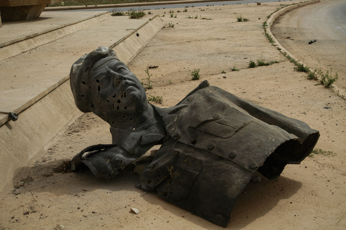 April 10th 2003.
 Destroyed statue of Saddam Hussein as US troops enter the capital.